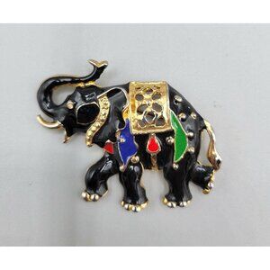 Elephant Black Enamel Multicolor Colorful Rhinestone Eye Gold Tone Brooch Pin